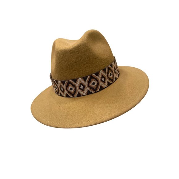 Gelso Bianco Made In Italy Wool Fedora Hat With Geometric Band Beige & Brown - Picture 3 of 5